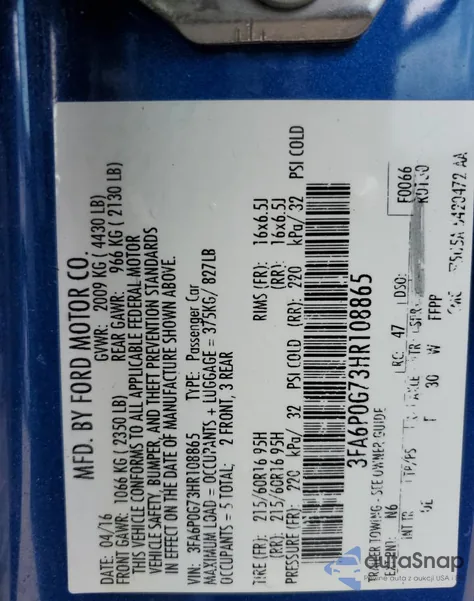 2017 Ford Fusion S z USA, uszkodzony, nr VIN 3FA6P0G73HR108865